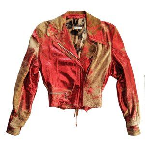 Roberto Cavalli Red Distressed Leather Jacket Size S